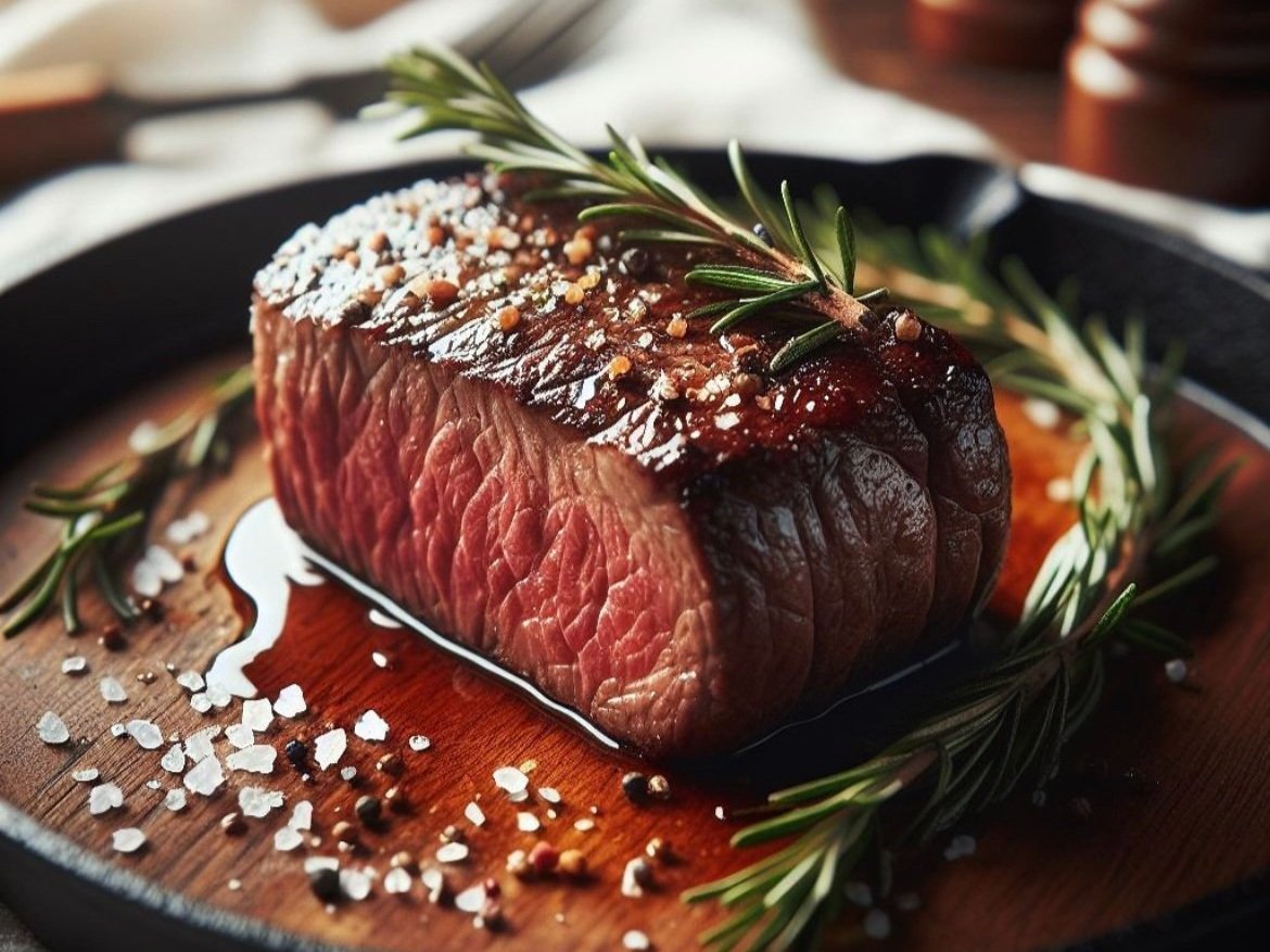 Juicy grilled steak seasoned with herbs and spices, served on a wooden board with fresh rosemary and salt crystals, highlighting its rich texture and flavor.