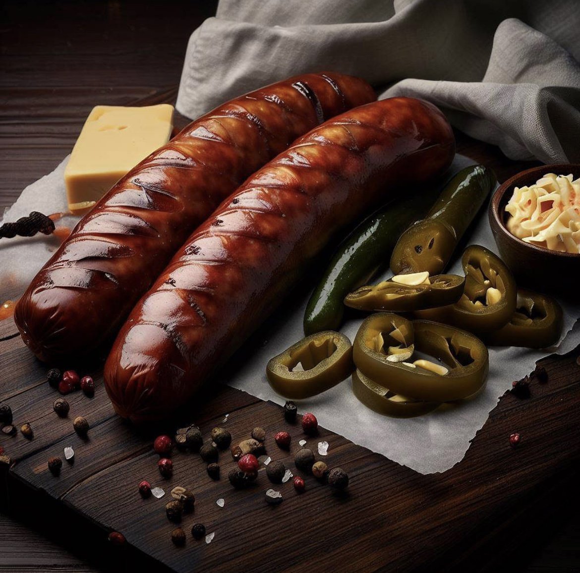 Smoked sausages paired with sliced jalapeños, cheese, and spices on a wooden board, showcasing a delicious barbecue spread.