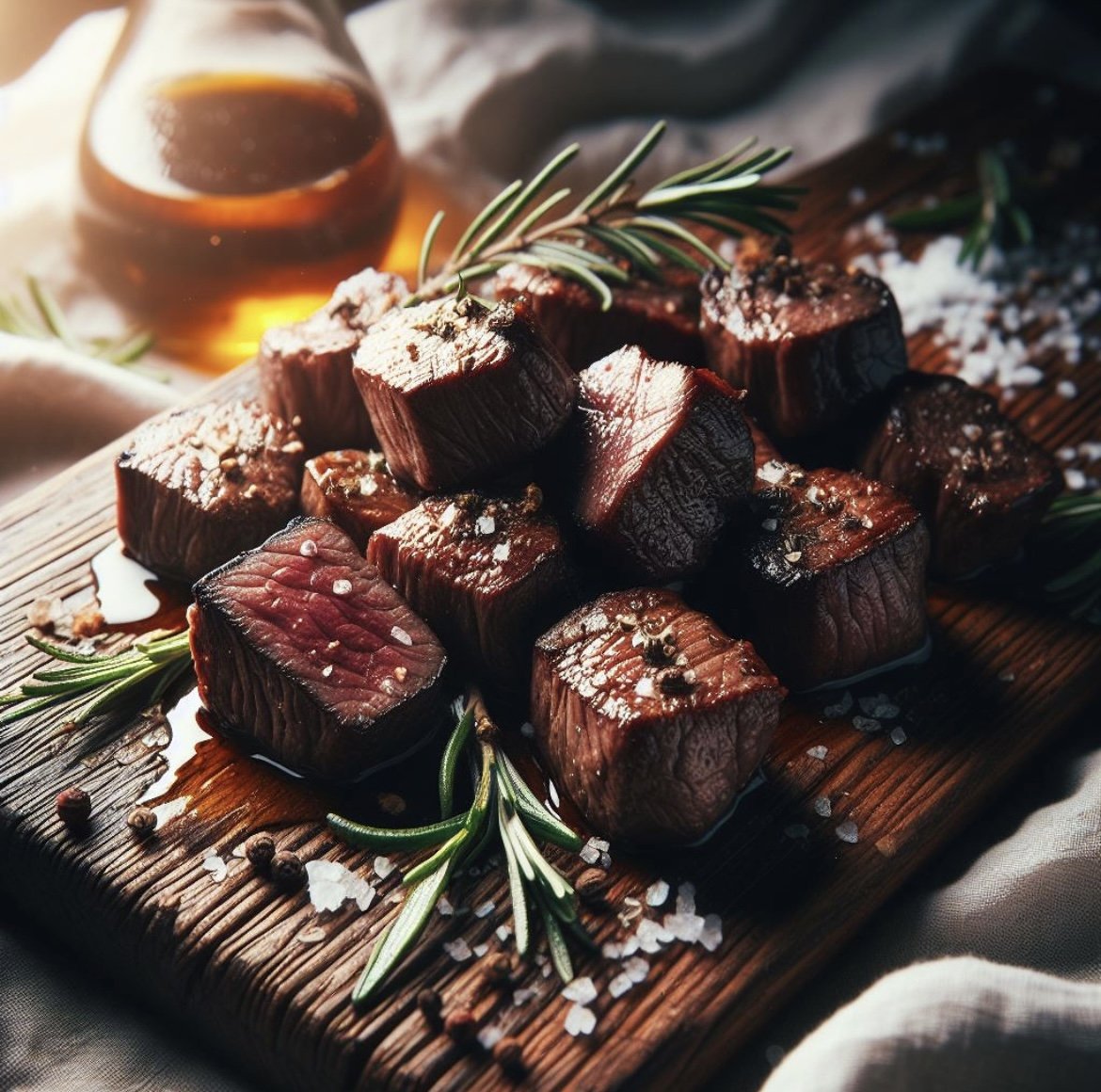Succulent cubes of perfectly cooked beef steak garnished with fresh rosemary and sprinkled with sea salt, presented on a rustic wooden cutting board, with a warm, inviting background of amber liquid.