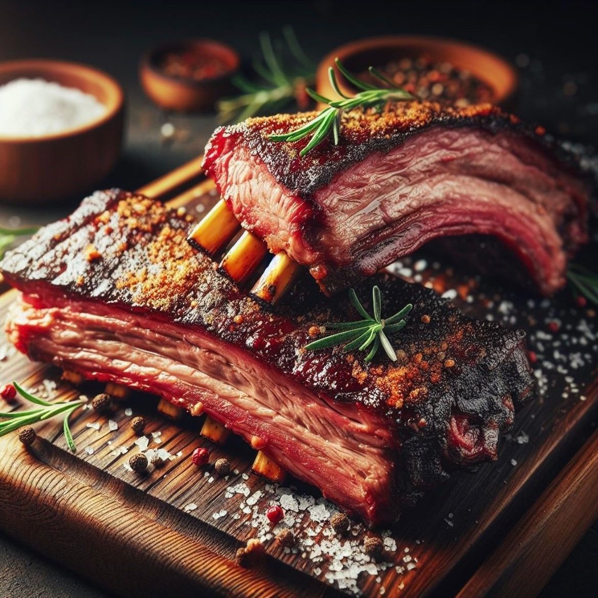 Close-up of tender, smoked beef ribs garnished with herbs and spices, resting on a wooden cutting board. The rich, caramelized crust contrasts with the juicy meat, highlighting a delicious barbecue presentation. Ideal for food enthusiasts and barbecue lovers.
