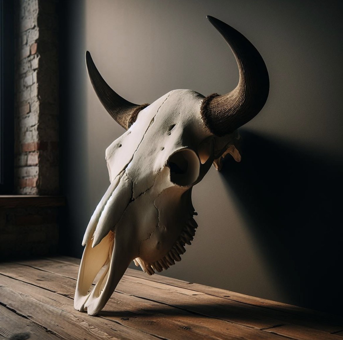Bull skull mounted on a wall, featuring prominent curved horns and intricate details, displayed in a rustic interior with wooden flooring and a brick wall backdrop.